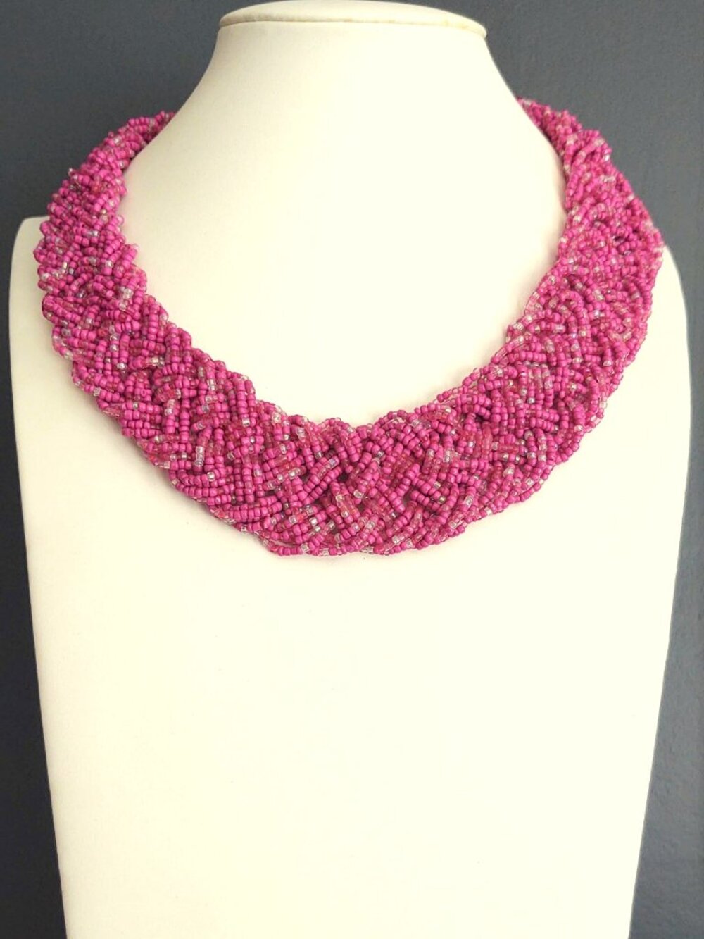 Braided hot pink and clear seed bead necklace